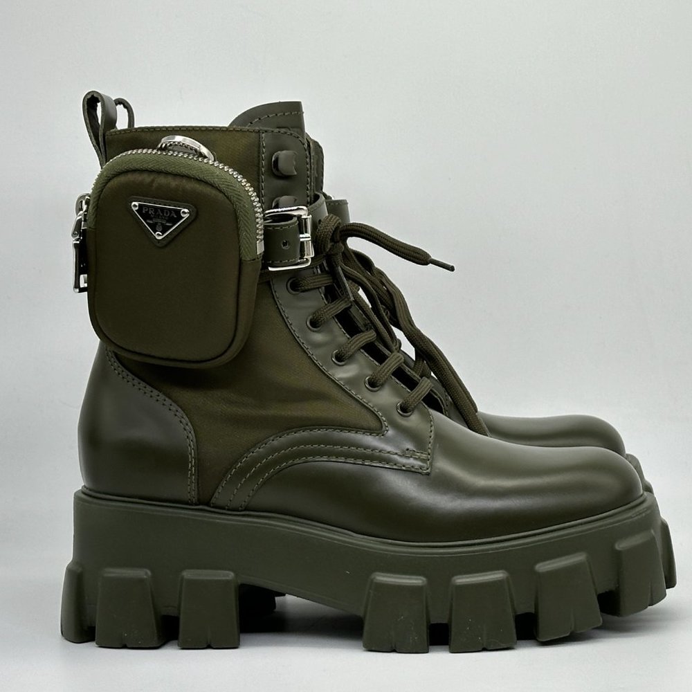 PRADA Monolith Leather Nylon Lug Sole Combat Hiking Boots Zip Pouch - Picture 4 of 15